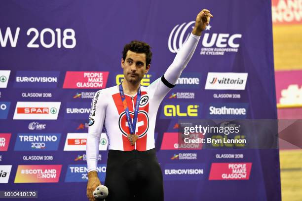 Tristan Marguet celebrates winning bronze in the Mens 15km Scratch Race during the track cycling on Day Two of the European Championships Glasgow...