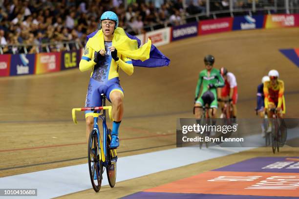 Roman Gladysh of Ukraine celebrates winning gold in the Mens 15km Scratch Race during the track cycling on Day Two of the European Championships...