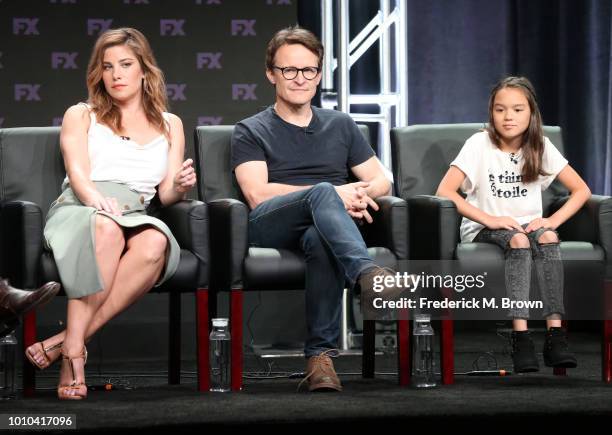 Actors Brooke Satchwell, Damon Herriman, and Chika Yasumura speak onstage at the 'Mr Inbetween' panel during the FX Network portion of the Summer...