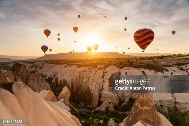 balloons at sunrise over the beautiful landscape in cappadocia, turkey - cappadocia hot air balloon stock-fotos und bilder
