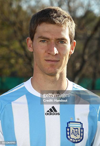 Midfielder Mario Bolatti of Argentina's National team for the 2010 FIFA World Cup South Africa poses during a photo session on May 26, 2010 in Buenos...
