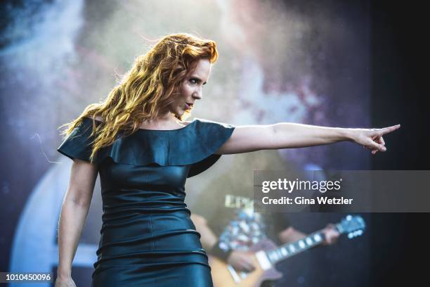 Singer Simone Johanna Maria Simons of the Dutch band Epica performs live on stage during the Wacken Open Air festival on August 1, 2018 in Wacken,...