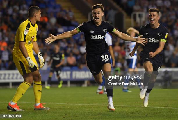 Tom Lawrence of Derby County celebrates after scoring his team's second goal during the Sky Bet Championship match between Reading and Derby County...