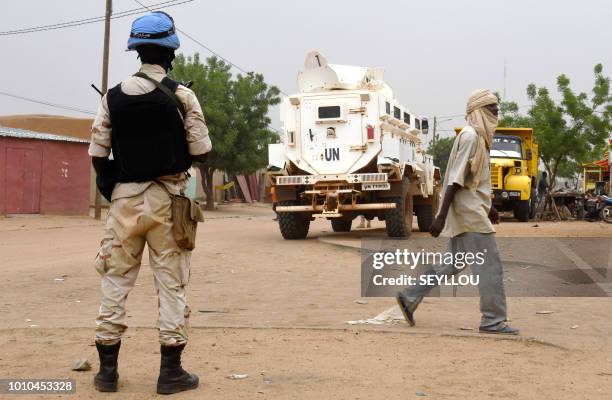 United Nations MUNISMA peacekeepers patrol the streets of Gao, eastern Mali on August 3, 2018. President Ibrahim Boubacar Keita on August 3, 2018...