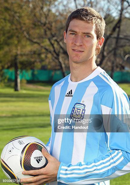 Midfielder Mario Bolatti of Argentina's National team for the 2010 FIFA World Cup South Africa poses during a photo session on May 26, 2010 in Buenos...