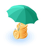 Flat isometric illustration of pile of euro coins under the umbrella.