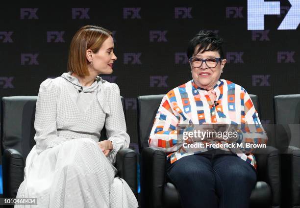 Actors Sarah Paulson and Kathy Bates speak onstage at the 'American Horror Story: Apocalypse' panel during the FX Network portion of the Summer 2018...