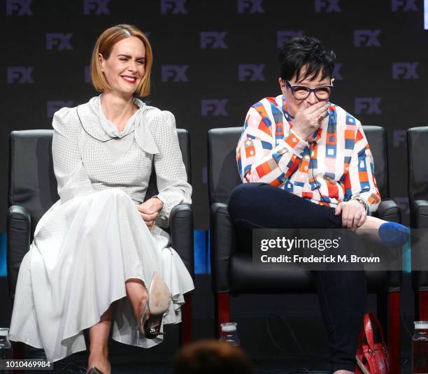 Actors Sarah Paulson and Kathy Bates speak onstage at the 'American Horror Story: Apocalypse' panel during the FX Network portion of the Summer 2018...