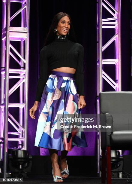 Actor Mj Rodriguez speaks onstage at the 'Pose' panel during the FX Network portion of the Summer 2018 TCA Press Tour at The Beverly Hilton Hotel on...