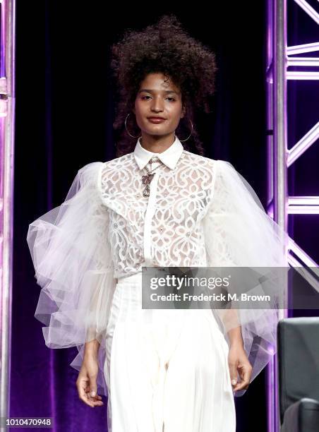 Actor Indya Moore walks onstage at the 'Pose' panel during the FX Network portion of the Summer 2018 TCA Press Tour at The Beverly Hilton Hotel on...