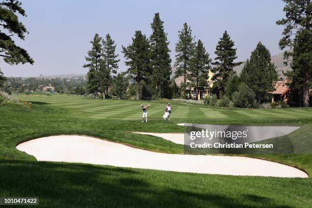 Kevin Tway chips onto the second green during the second round of the Barracuda Championship at Montreux Country Club on August 3, 2018 in Reno,...