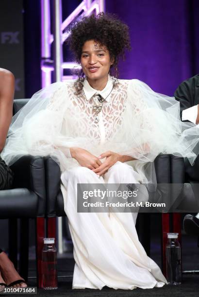 Actor Indya Moore speaks onstage at the 'Pose' panel during the FX Network portion of the Summer 2018 TCA Press Tour at The Beverly Hilton Hotel on...