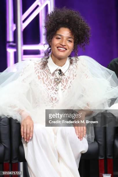 Actor Indya Moore speaks onstage at the 'Pose' panel during the FX Network portion of the Summer 2018 TCA Press Tour at The Beverly Hilton Hotel on...