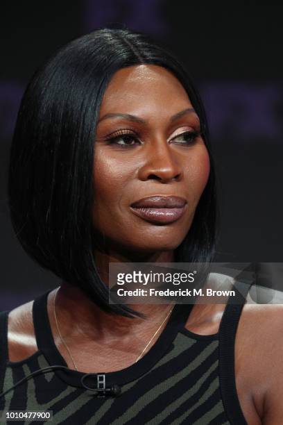 Actor Dominique Jackson speaks onstage at the 'Pose' panel during the FX Network portion of the Summer 2018 TCA Press Tour at The Beverly Hilton...