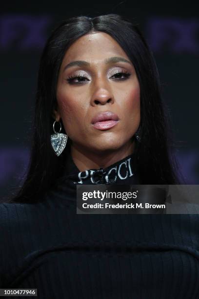 Actor Mj Rodriguez speaks onstage at the 'Pose' panel during the FX Network portion of the Summer 2018 TCA Press Tour at The Beverly Hilton Hotel on...