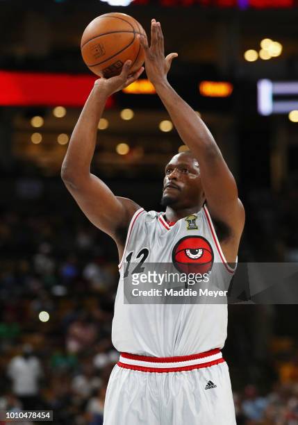 Al Thornton of Trilogy shoots a free throw in the first half against Ball Hogs during week seven of the BIG3 three on three basketball league at TD...