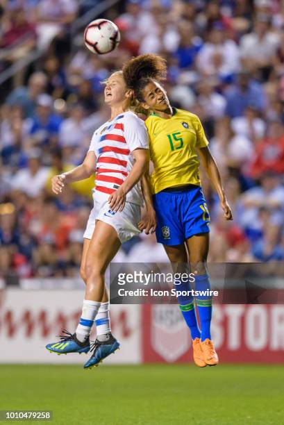 Womens National Team midfielder Lindsey Horan and Brazil Womens National Team defender Tayla battle for ball in the air in the 1st half during a...