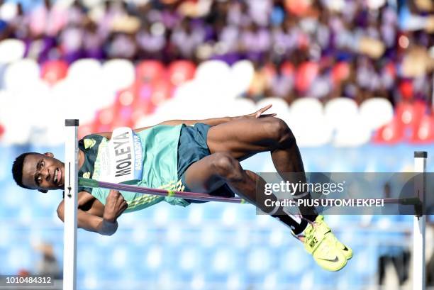 South Africa's Christopher Moleya competes to win silver during the Men's long jump final at the African Senior Athletics Championship at Stephen...