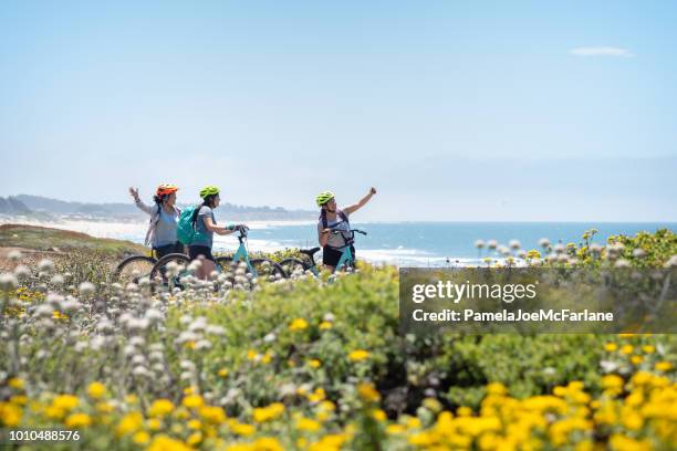 family of women cyclists posing for selfie on wildflower bluff - beach bike stock pictures, royalty-free photos & images