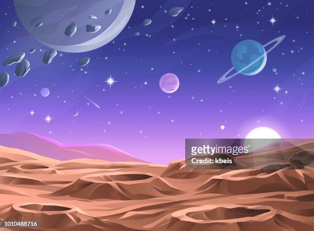 illustrazioni stock, clip art, cartoni animati e icone di tendenza di superficie del pianeta - spazio cosmico