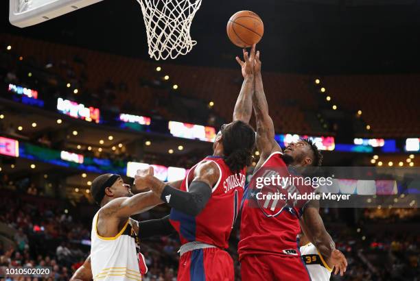 Amar'e Stoudemire and Nate Robinson of Tri State go up for a rebound against Killer 3s during week seven of the BIG3 three on three basketball league...