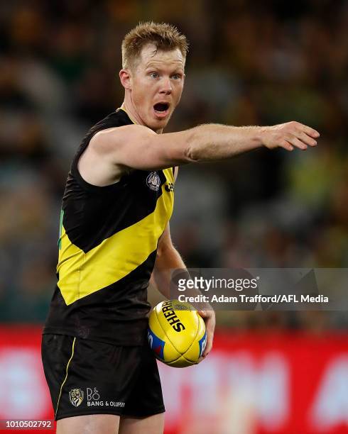 Jack Riewoldt of the Tigers gestures during the 2018 AFL round 20 match between the Richmond Tigers and the Geelong Cats at the Melbourne Cricket...