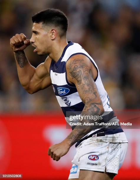 Tim Kelly of the Cats celebrates a goal during the 2018 AFL round 20 match between the Richmond Tigers and the Geelong Cats at the Melbourne Cricket...
