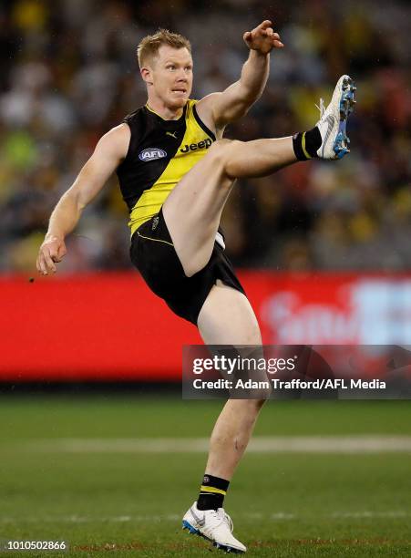 Jack Riewoldt of the Tigers kicks the ball during the 2018 AFL round 20 match between the Richmond Tigers and the Geelong Cats at the Melbourne...