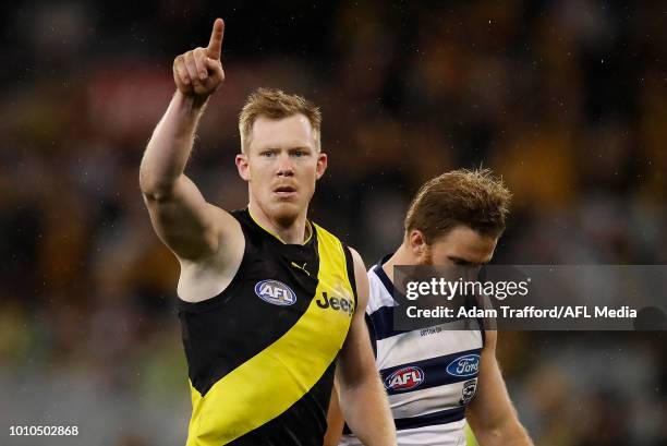 Jack Riewoldt of the Tigers celebrates a goal during the 2018 AFL round 20 match between the Richmond Tigers and the Geelong Cats at the Melbourne...