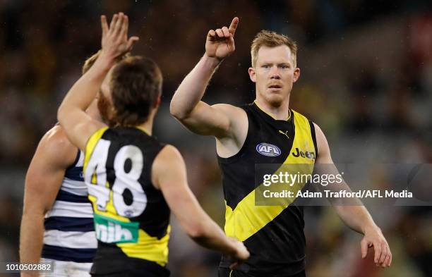 Jack Riewoldt of the Tigers celebrates a goal with Liam Baker of the Tigers during the 2018 AFL round 20 match between the Richmond Tigers and the...