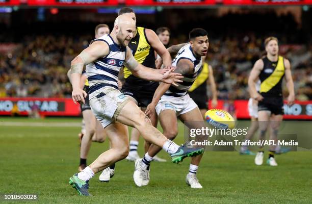 Gary Ablett of the Cats misses a shot on goal to give the cats the lead during the 2018 AFL round 20 match between the Richmond Tigers and the...