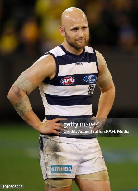 Gary Ablett of the Cats looks dejected after a loss during the 2018 AFL round 20 match between the Richmond Tigers and the Geelong Cats at the...