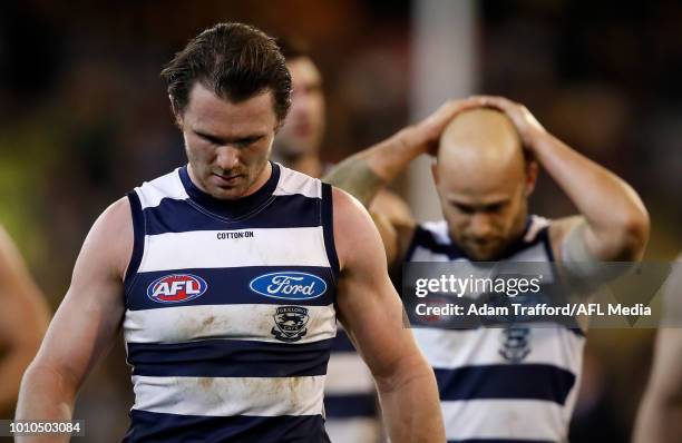 Patrick Dangerfield of the Cats looks dejected after a loss during the 2018 AFL round 20 match between the Richmond Tigers and the Geelong Cats at...