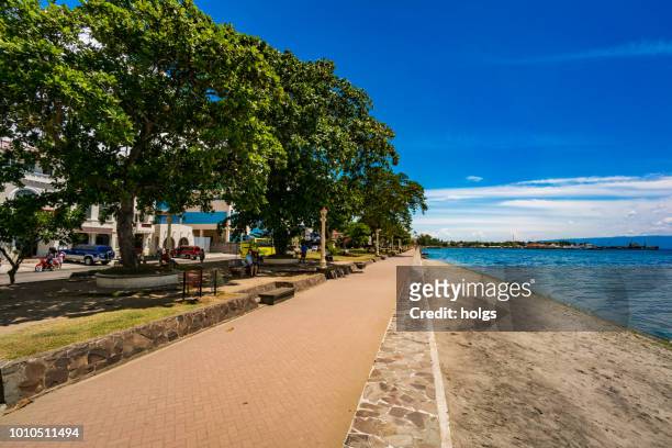 negros oriental dumaguete area by day the boulevard with a big trees sea and people are relaxing - negros_(philippines) stock pictures, royalty-free photos & images