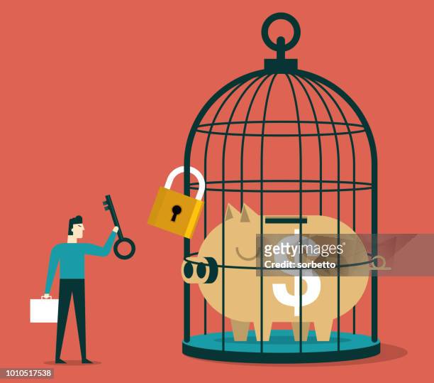 piggy bank in large birdcage - businessman - releasing money stock illustrations