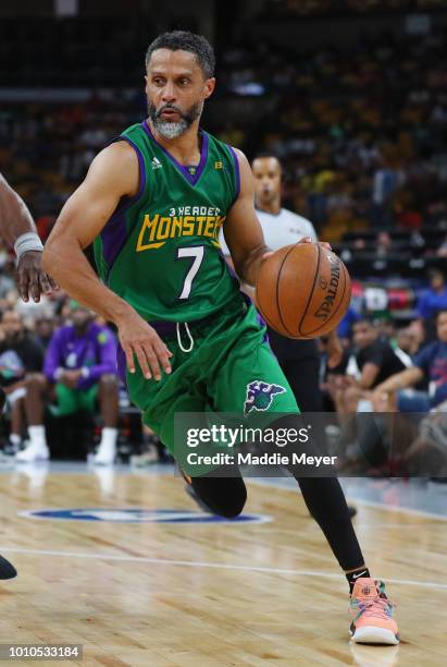 Mahmoud Abdul-Rauf of 3 Headed Monsters dribbles against Power during week seven of the BIG3 three on three basketball league at TD Garden on August...