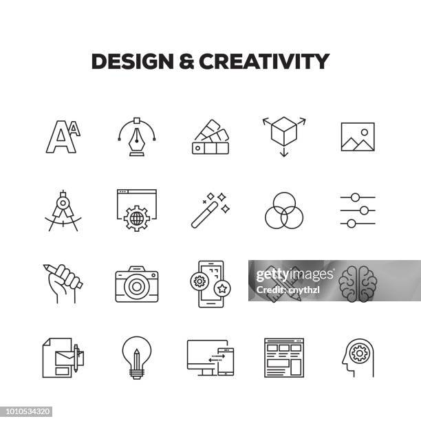 ilustraciones, imágenes clip art, dibujos animados e iconos de stock de conjunto de iconos de línea de creatividad y diseño - oficio creativo