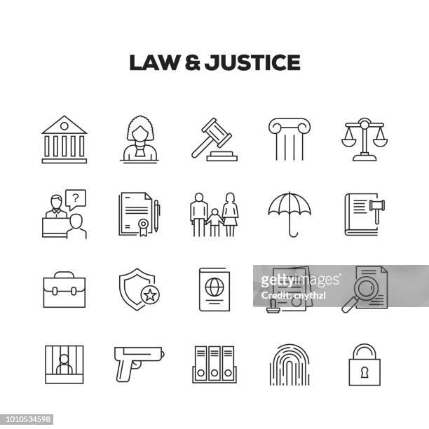 illustrazioni stock, clip art, cartoni animati e icone di tendenza di set icone linea diritto e giustizia - diritto