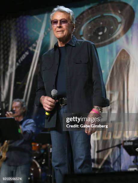Actor and singer James Darren speaks at the "DS9 Tribute - Part 2" panel during the 17th annual official Star Trek convention at the Rio Hotel &...
