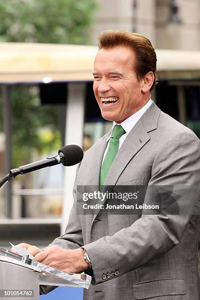 California Gov. Arnold Schwarzenegger attends the re-opening of the Universal Studios "New York Street" back lot at Universal Studios Hollywood on...