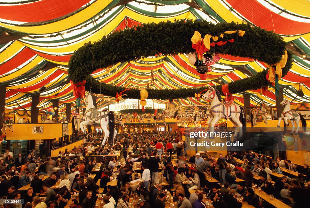 BEER TENT DURING OCTOBERFEST IN MUNICH, GERMANY