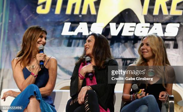 Actresses Hilary Shepard, Bertila Damas and actress and dancer Cyia Batten speak at the "Guest Stars of DS9" panel during the 17th annual official...