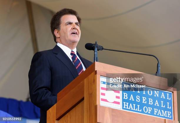 Master of Cermonies Brian Kenny at Clark Sports Center during the Baseball Hall of Fame induction ceremony on July 29, 2018 in Cooperstown, New York.