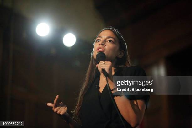 Alexandria Ocasio-Cortez, a Democratic U.S. Representative candidate from New York, speaks during an event at the First Unitarian Church of Los...