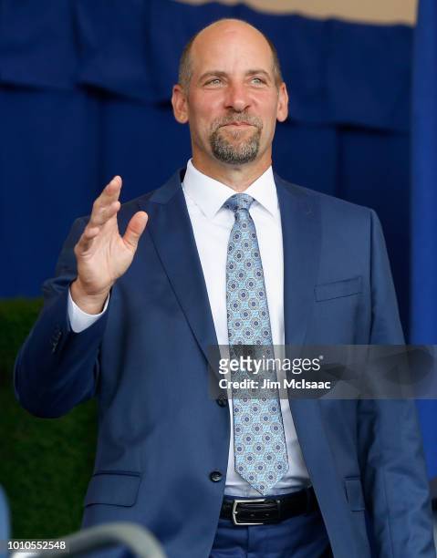 Hall of Famer John Smoltz is introduced at Clark Sports Center during the Baseball Hall of Fame induction ceremony on July 29, 2018 in Cooperstown,...