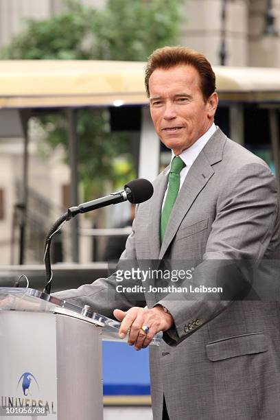 California Gov. Arnold Schwarzenegger attends the re-opening of the Universal Studios "New York Street" back lot at Universal Studios Hollywood on...