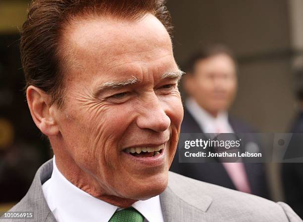 California Gov. Arnold Schwarzenegger attends the re-opening of the Universal Studios "New York Street" back lot at Universal Studios Hollywood on...