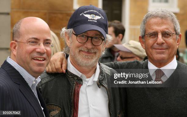 Jeff Zucker, Steven Spielberg and Ron Meyer attend the re-opening of the Universal Studios "New York Street" back lot at Universal Studios Hollywood...