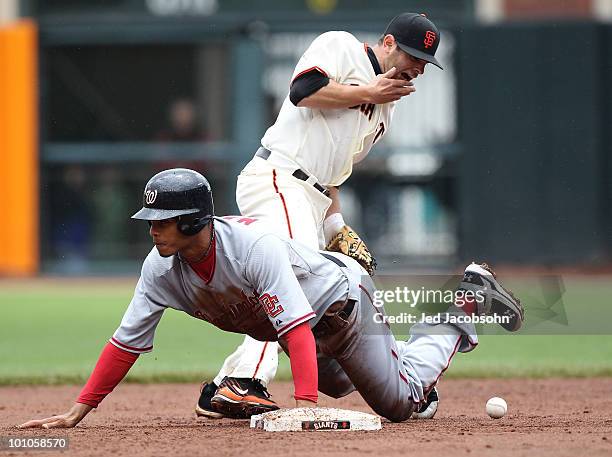 Freddy Sanchez of the San Francisco Giants is kicked in the face on a steal by Justin Maxwell of the Washington Nationals during an MLB game at AT&T...