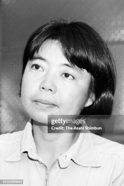 Actress Kirin Kiki speaks during the Asahi Shimbun interview on July 31, 1985 in Tokyo, Japan.